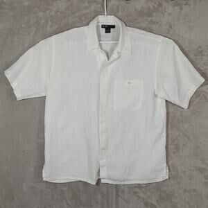 R&R Casuals Men's X-Large Shirt 100% Linen S/S White Camp Collar Hidden Placket